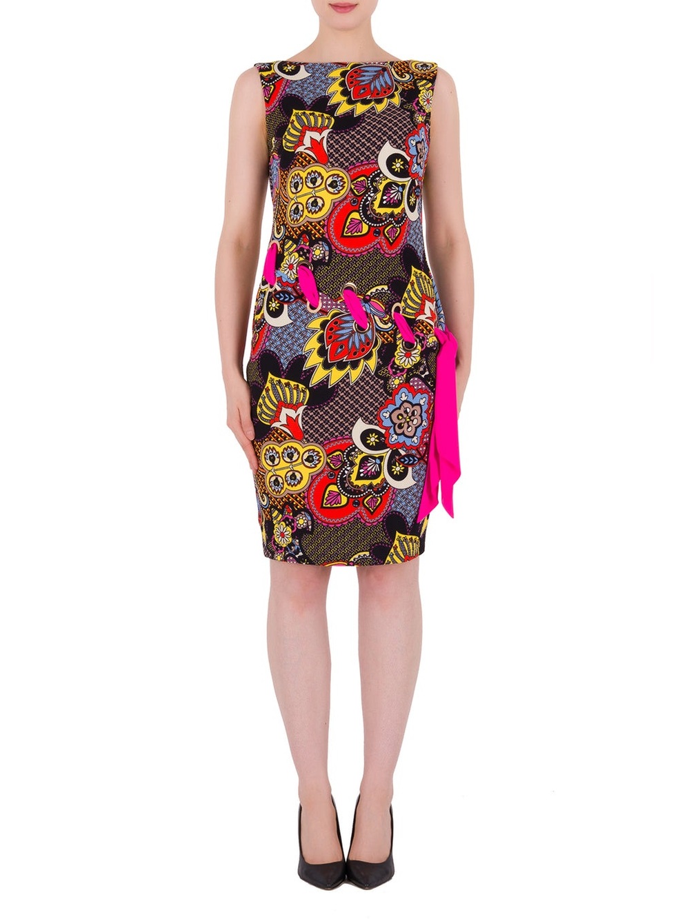 Joseph Ribkoff Black Multi Floral Dress with Hot Pink Tie Style 191659